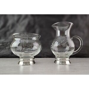 Newport Sterling 1603 Pair Pitcher and Small Vase Etched Glass Sterling Silver